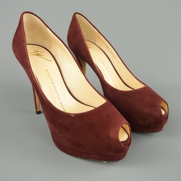 GIUSEPPE ZANOTTI Size 6.5 Burgundy Suede Peep Toe Platform SHARON Pumps - Picture 2 of 9